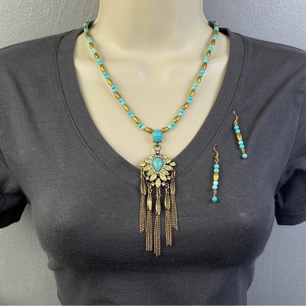 Handmade Necklace Earrings Set Faux Turquoise Brass Beaded